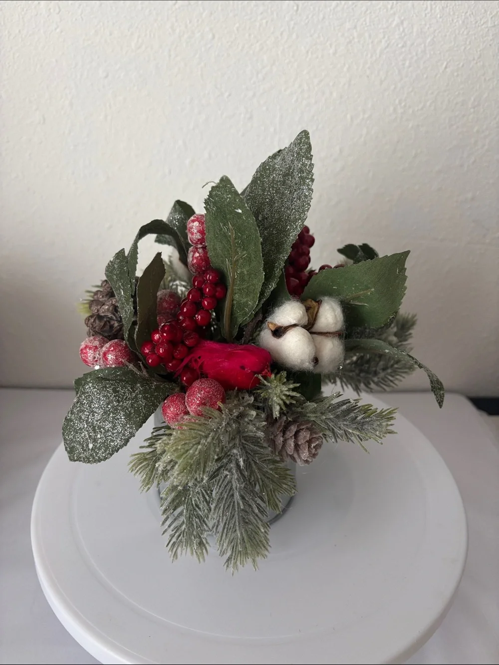 Holiday Pine and Berry Table Centerpiece - Green & Red 8 1-2” t